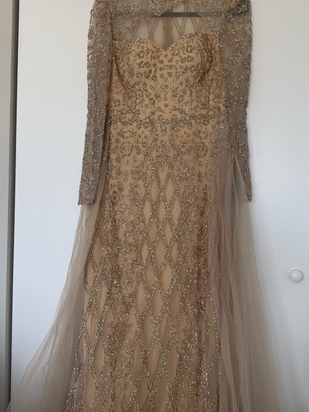 Embellished Taupe Long-Sleeve Evening Gown